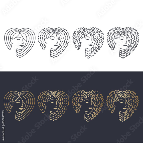 Set of  linear Icons for makeup, beauty, fashion and hairstyle. Beautiful woman's faces with loose straight, wavy, curly, kinky hair on a head into the shape of a heart. Vector illustration.