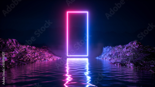 Fotografie neon light shapes on black background,rainbow colors, empty space,  80's retro style, fashion show stage, abstract background, 3d rendering,conceptual image