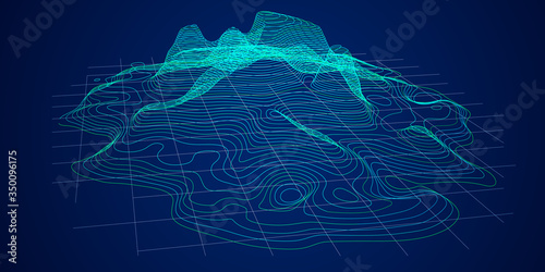 Abstract topographic background. Contour futuristic Sci-Fi HUD map. Technology concept with curved light lines. Vector illustration for 3d graphic design.