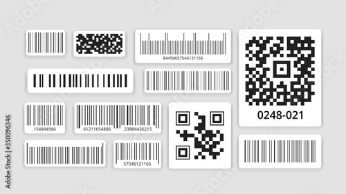 Identification code. Barcode for scanning with data scanner, qr code for smartphone, monochrome label sticker on packaging, sale of goods with retail information technology. Vector illustration.