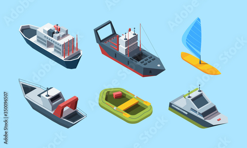 Sea transport set. Isometric cruise ocean liner for travel, blue-sail windsurf boat, coast guard and speed boat, green inflatable boat, research ship. Vector flat style.