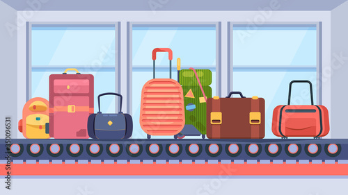 Baggage on conveyor belt. Suitcase travel bags brown pink green on transport tape in terminal, baggage claim, waiting for travel trip. Vector graphics flat style.
