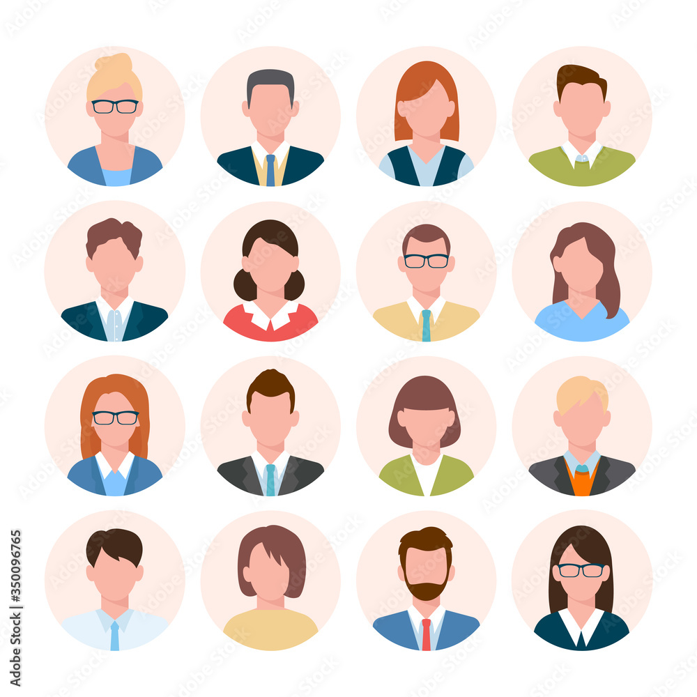 Avatars head set. Anonymous user characters student businessman teenager worker female and male portrait different hairstyles, tie, with glasses without. Vector color cartoon. Avatars head set. Anonymous user characters student businessman teenager worker female and male portrait different hairstyles, tie, with glasses without. Vector color cartoon.