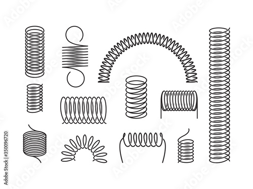 Metal spring set. A twisted spiral, elongated compressed semicircular coil holding cargo flexible spring wire compressed under pressure rebound elastic expansion energy. Silhouette vector graphics.