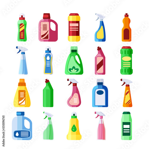 Plastic bottles with detergent set. Bottles of various shapes with soapy chemical liquid for cleaning, bleaching, washing, cleaning disinfection of houses, premises.Vector graphics in flat style.
