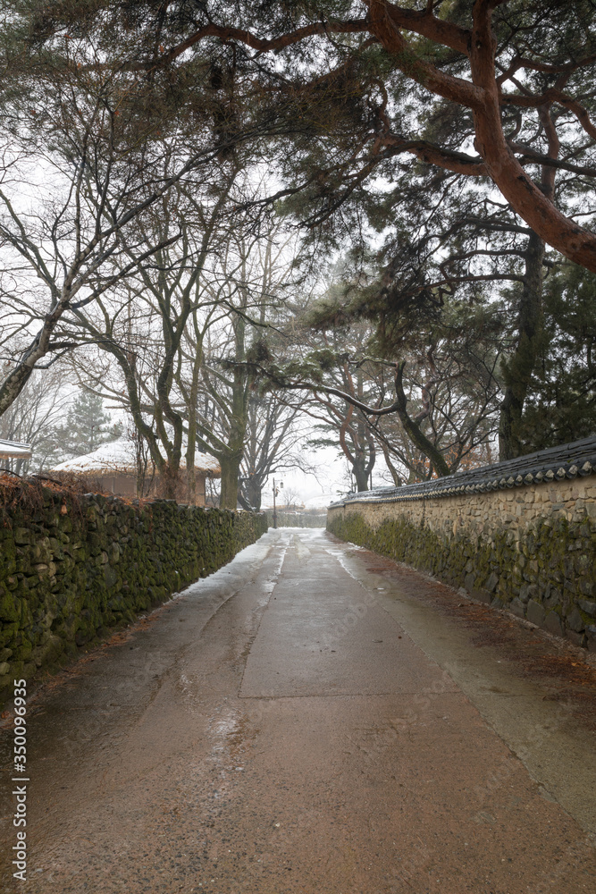 Korean winter, the road between traditional snow-covered villages and stone walls.