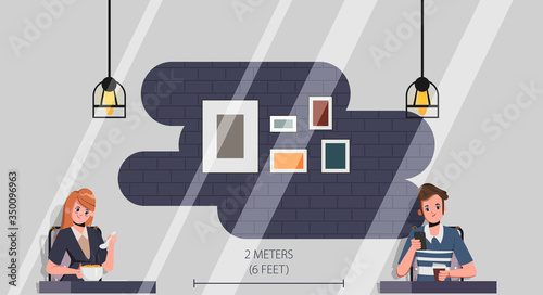 People maintain social distancing. Restaurant social distancing. New normal lifestyle in job. Food and drink cafe.