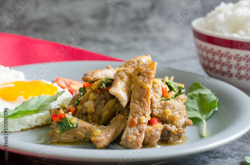 Close up,thai stir-fried pig with fried egg, ready rice and basil with raw materials are basil leaves, red chili and garlic. still life image. thai food concept.