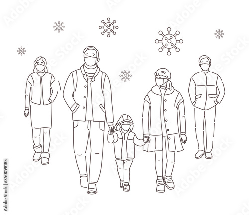 Cartoon characters wearing protective face masks. Family protects against covid-19. Coronavirus pandemic concept. Healthcare, prevent virus. Editable stroke vector illustration