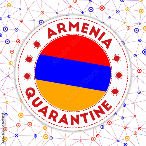 Quarantine in Armenia sign. Round badge with flag of Armenia. Country lockdown emblem with title and virus signs. Vector illustration.