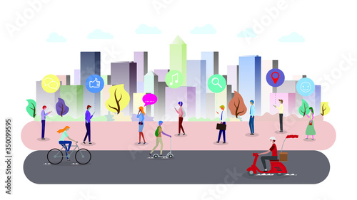 People in the city are using mobile phone or smartphones. Isolated, white background. Flat style vector illustration. Social network technology concept.
