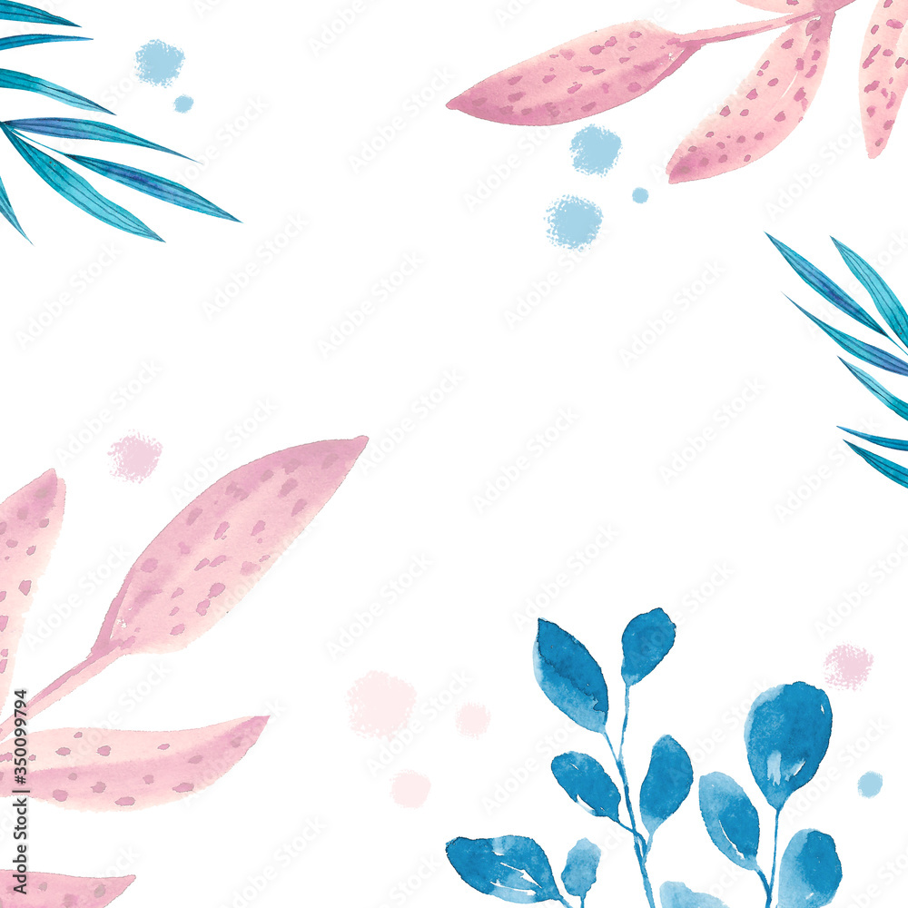 Frame with pastel colors leaves and drops in memphis style on white background Frame with pastel colors leaves and drops in memphis style on white background