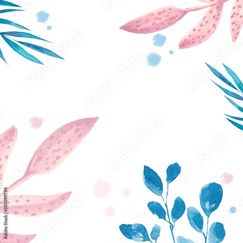 Frame with pastel colors leaves and drops in memphis style on white background