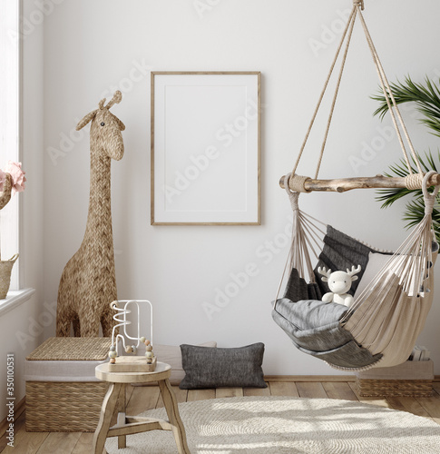 Mock up frame in children room with natural wooden furniture, Farmhouse style interior background, 3D render photo