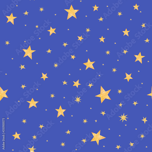 Watercolor seamless pattern with stars on a blue background drawn by watercolor.