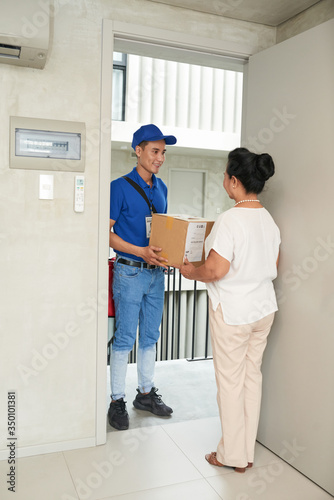 Senior woman receiving cardboard box, delivery service concept