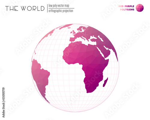 Low poly design of the world. Orthographic projection of the world. Red Purple colored polygons. Elegant vector illustration.