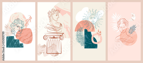 Set of abstract vertical background with antique elements, sculpture, columns, abstract marble shapes. Background for social media minimalistic style. Vector illustration