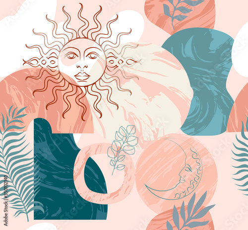 Seamless pattern with antique elements, abstract marble shapes, sun, moon, leaves. Editable vector illustration.