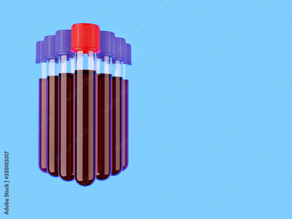 A group of blood test tubes with caps on the blue background