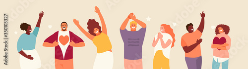 Positive people group expressing happiness and love. Vector characters illustration