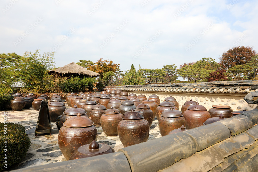 Korean traditional clay pot and stone wall Korean traditional clay pot and stone wall