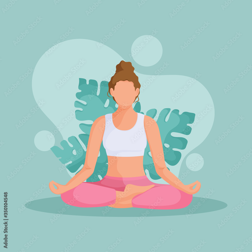 Young woman sits in the lotus position and meditating. The concept of yoga, meditation and relax. Health benefits for the body, mind and emotions. Vector illustration.