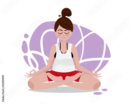 Cartoon character home dressed girl in yoga lotus pose. Vector illustration in flat style. Young woman meditates.