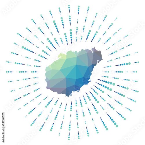 Shape of Hainan, polygonal sunburst. Map of the island with colorful star rays. Hainan illustration in digital, technology, internet, network style. Vector illustration.