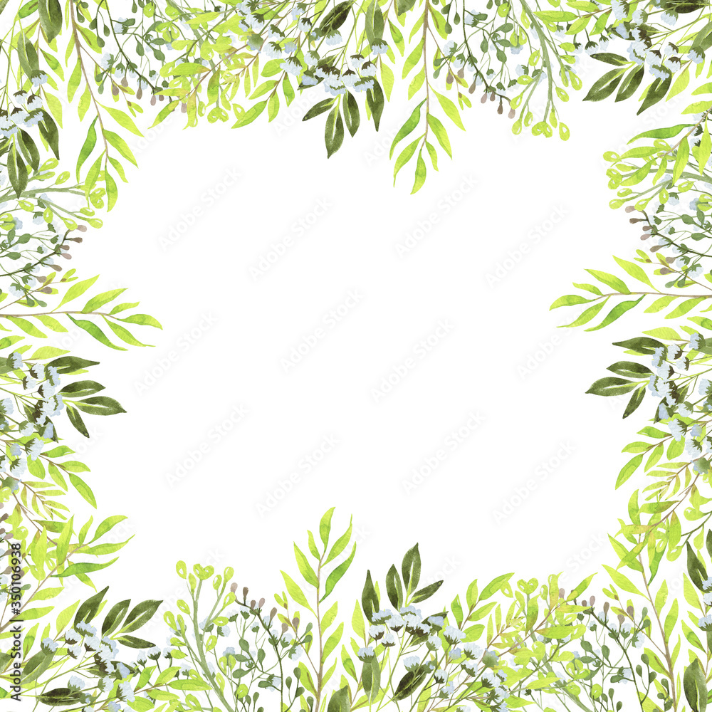 Frame in watercolor style. Bright green  frame for postcard, web design or post in social networks.