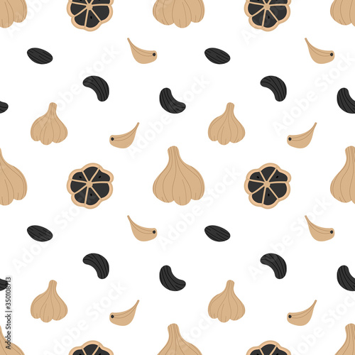 Black garlic, fermented garlic superfood vector seamless pattern background.