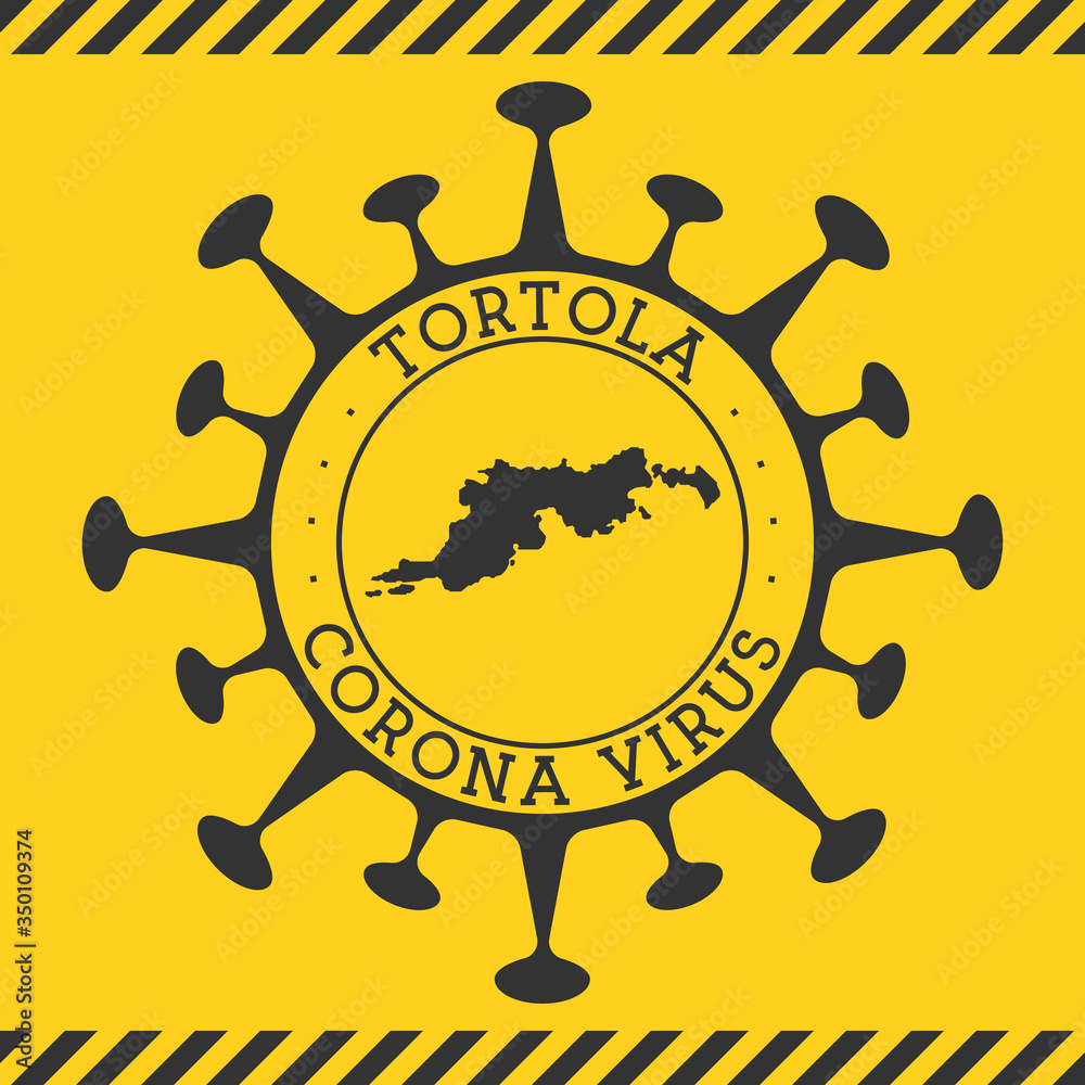 Corona virus in Tortola sign. Round badge with shape of virus and Tortola map. Yellow island epidemy lock down stamp. Vector illustration.
