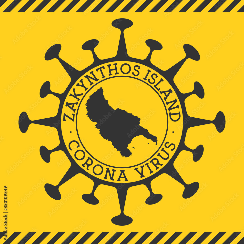 Corona virus in Zakynthos Island sign. Round badge with shape of virus and Zakynthos Island map. Yellow island epidemy lock down stamp. Vector illustration.