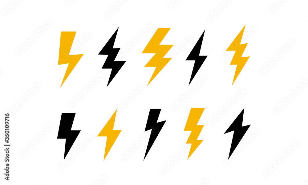 Black thunder and yellow lighting icons set on white background. Flash and voltage Vector illustration set on white background Black thunder and yellow lighting icons set on white background. Flash and voltage Vector illustration set on white background