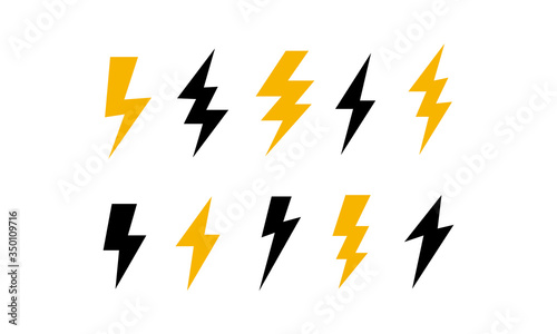 Black thunder and  yellow lighting icons set on white background.  Flash and voltage Vector illustration set on white background