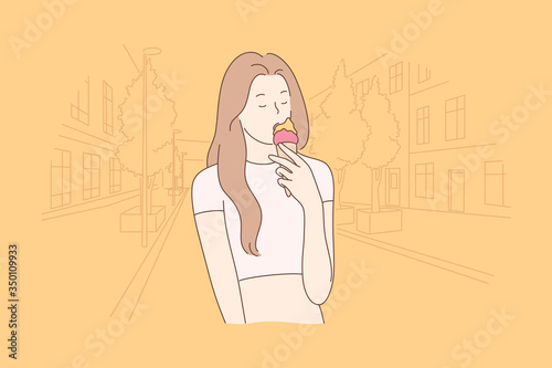 Summer, eating, food concept. Young happy woman or girl teenager cartoon character eats licking cold tasty delicious ice cream sundae on city street. Summer leisure time and refreshment illustration.