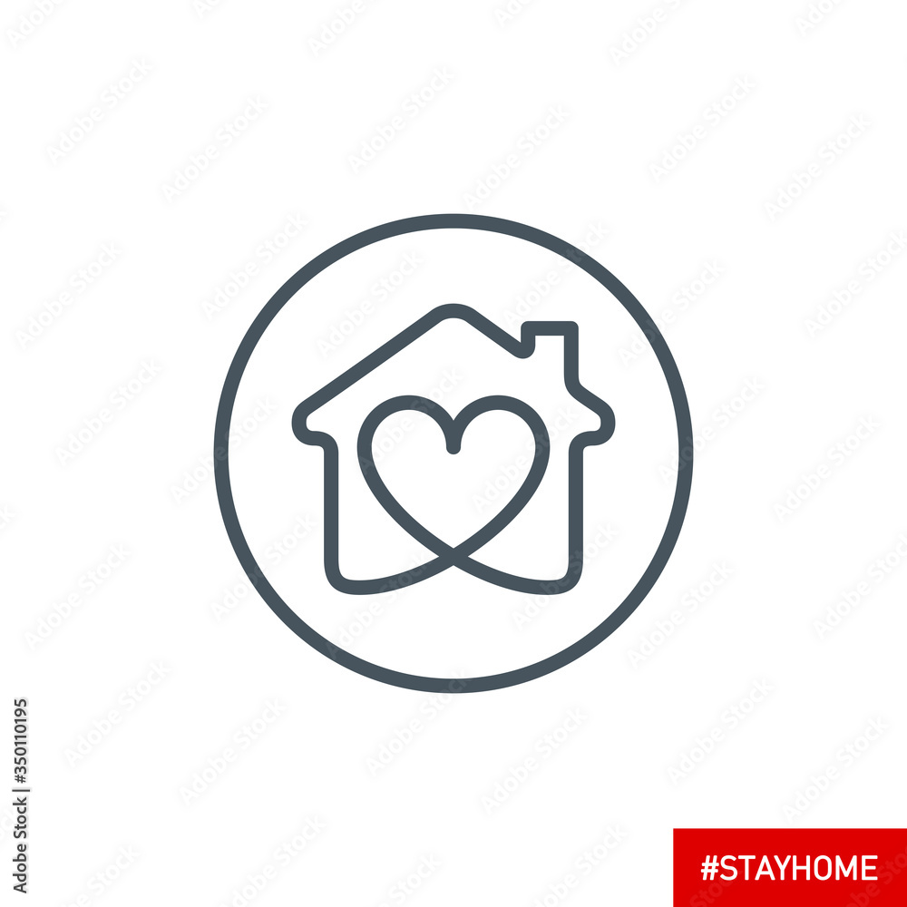 editable stroke line icon of Stay home for Social media in support of self isolation. staying at home Prevent coronavirus spread. Covid19 perfect outline single icon hashtag stayhome Isolated on white