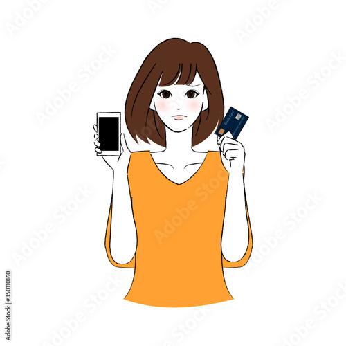 困り顔のスマホとキャッシュカードを持つ女性