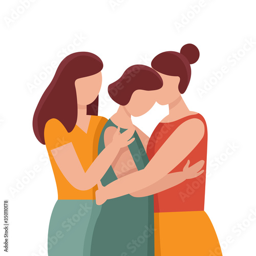 Three women in hugs. Concept of female support. Woman in difficult circumstances, victim of family and sexual violence. Psychological and friendly help. Cartoon vector illustration.