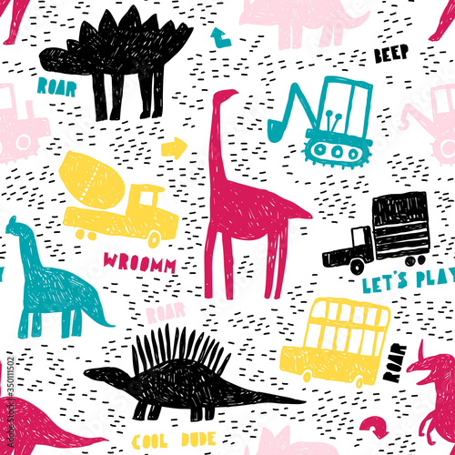 Childish seamless pattern with different cars and funny dinosaurs. Creative childish texture for fabric, wrapping, textile, wallpaper, apparel. Vector illustration.