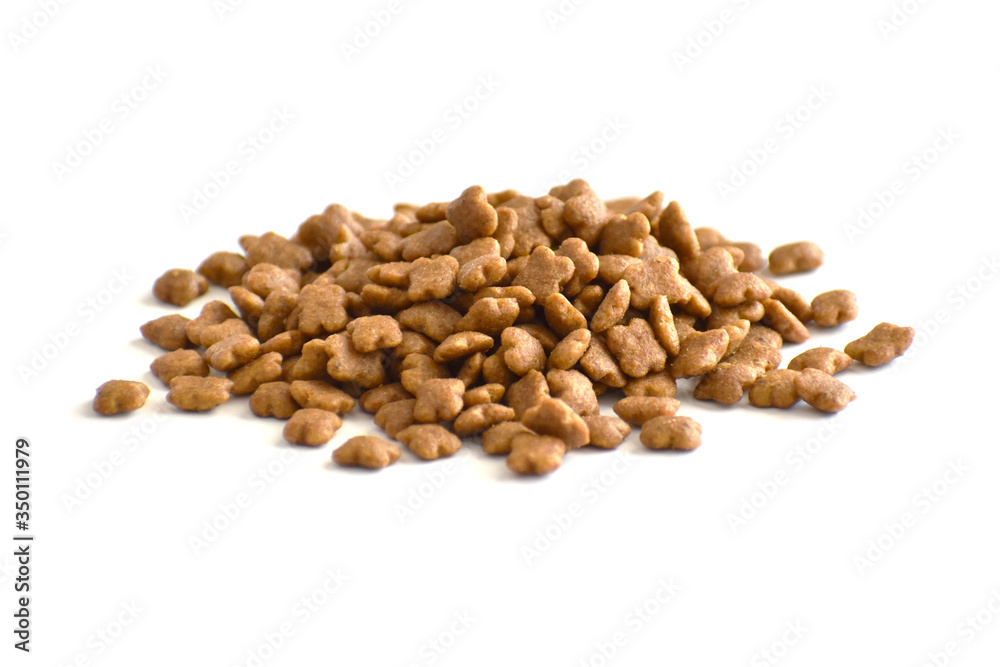 Dry cat food on white background. Selective focus. Dry cat food on white background. Selective focus.