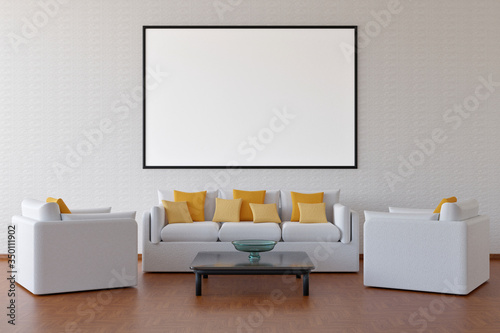 Ambiente di casa. Salotto con divano, poltrone ed elementi di arredo..