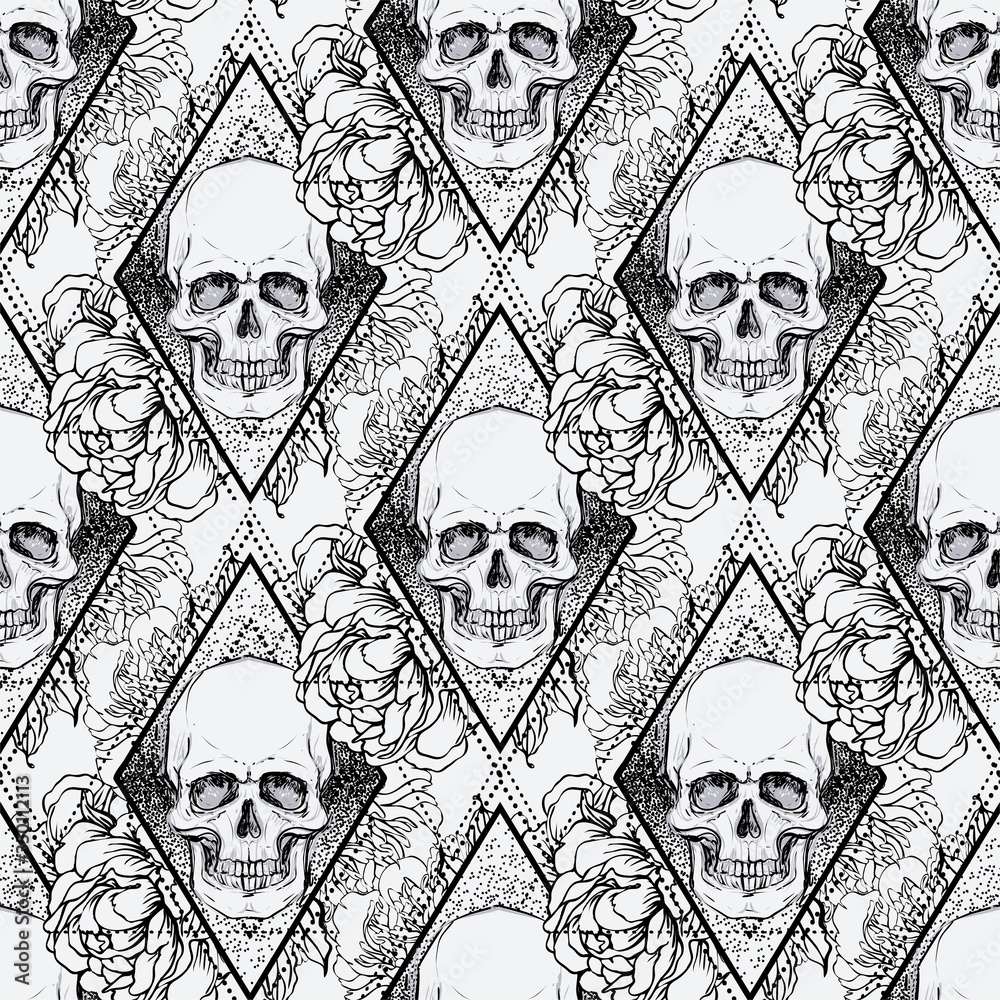 Human skull with peony, rose and poppy flowers over sacred geometry background. Seamless pattern. Tattoo design element. Vector illustration for wallpaper, textile print, wrapping paper.