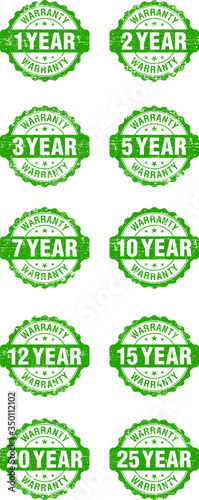Green grunge warranty label set, vector illustration.