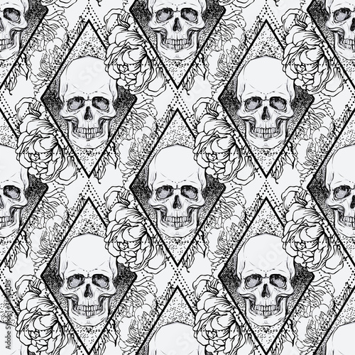 Human skull with peony, rose and poppy flowers over sacred geometry background. Seamless pattern. Tattoo design element. Vector illustration for wallpaper, textile print, wrapping paper.
