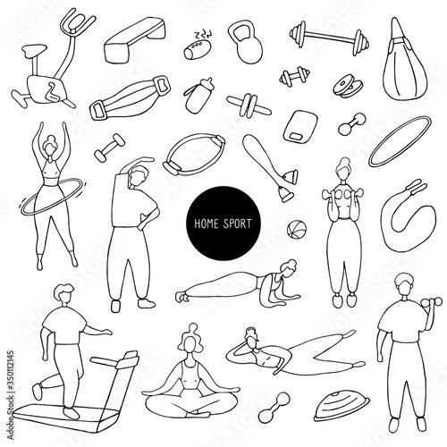 Big sport set. Icons of sports equipment and training people. Workout at home, sport exercises at home. Hand drawn vector graphic