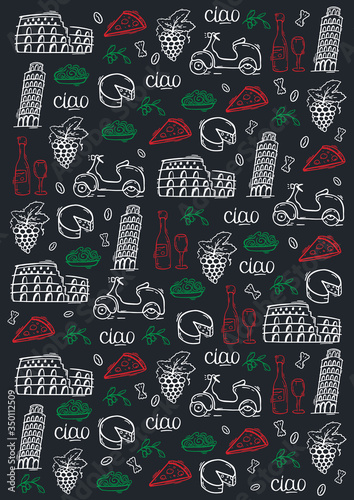 Doodle hand drawn background. Travel to Italy. Vector illustration.