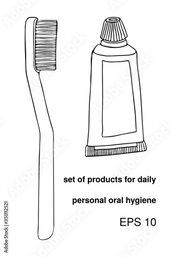 Set products items for daily personal oral cavity hygiene. Small tube toothpaste, manual toothbrush. Individual accessories for brushing teeth. Vector isolated template doodle realistic hand drawing
