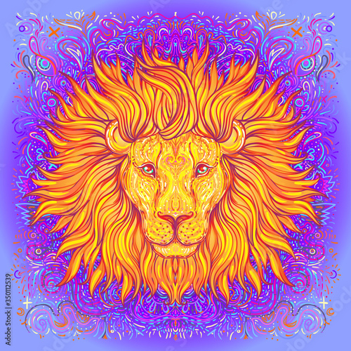 Patterned ornate lion head. African  Indian  totem  tattoo  sticker design. Design of t-shirt  bag  postcard and posters. Vector isolated illustration in bright neon colors. Zodiac sign Leo.
