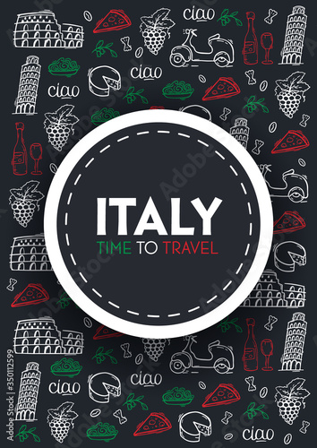 Travel to Italy banner. Doodle hand drawn background. Vector illustration.